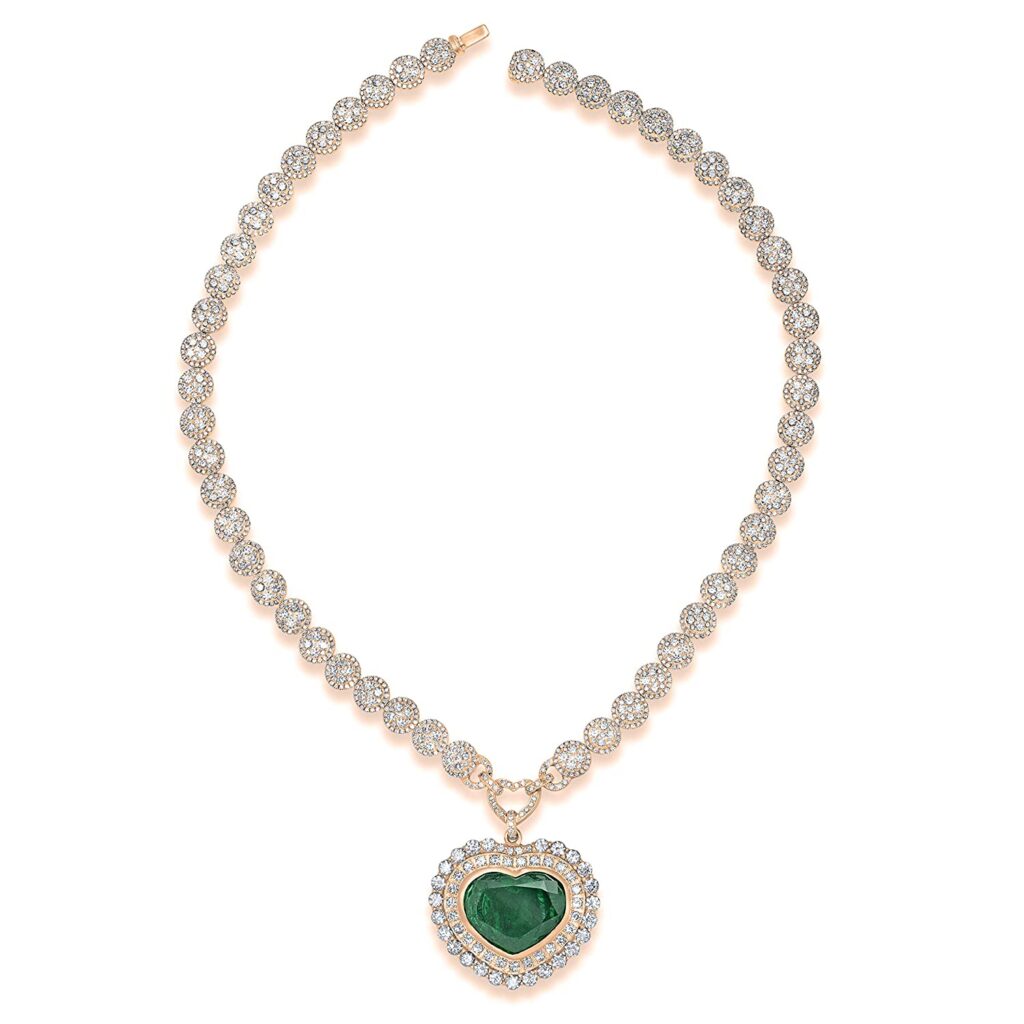 Emerald & Round White Diamond Ladies Halo Style Necklace