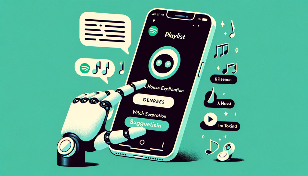 DALL·E 2023 12 15 09.28.46 Image for an article about Spotifys AI powered playlist feature. The first image shows a smartphone with the Spotify app open displaying an AI chatb